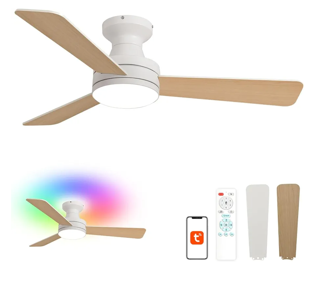 Putroad 42 Inch Ceiling Fans with Lights and Remote, Low Profile Ceiling Fan with Light Flush Mount, Reversible, 6 Speeds, 3CCT Dimmable White Ceiling Fan for Bedroom Dinning Room Indoor