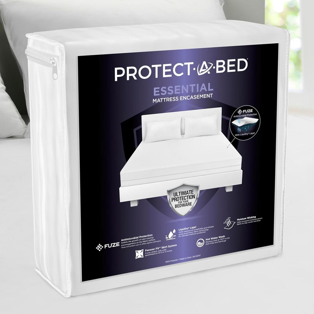 Protect-A-Bed Essential Zippered Mattress Encasement Queen, 100% Waterproof Top, Bed Bug Resistant, Dust Mite Barrier Mattress Encasement, Breathable & Quiet, Antimicrobial, Fits 6"-11" Mattresses​