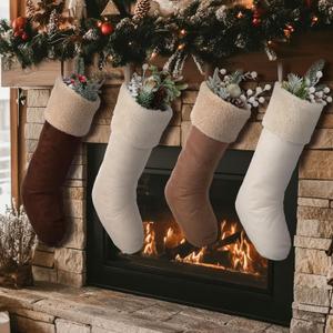 4 Pcs Farmhouse Christmas Stockings, 18'' Christmas Neutral Stockings Rustic Fireplace Stocking, Boho Cozy Hanging Xmas Stocking Decorations for Family Holiday Decor