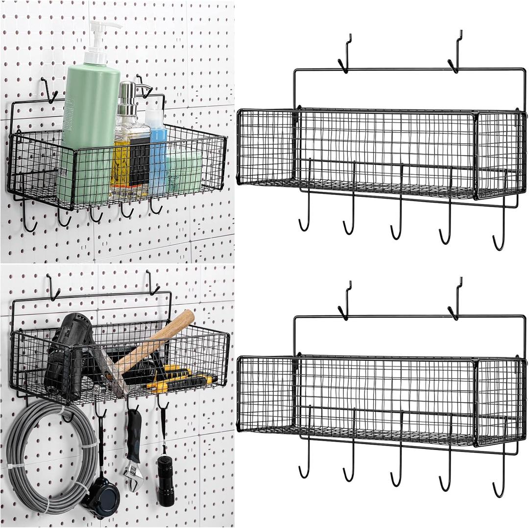 Shimeyao 2 Pcs Pegboard Accessories Set Including 2 Pegboard Baskets Bins with 5 Hooks 4 extra Hooks Black Metal Wire Basket Wall Mount Organizer for Workbench Garage Storage Attachments