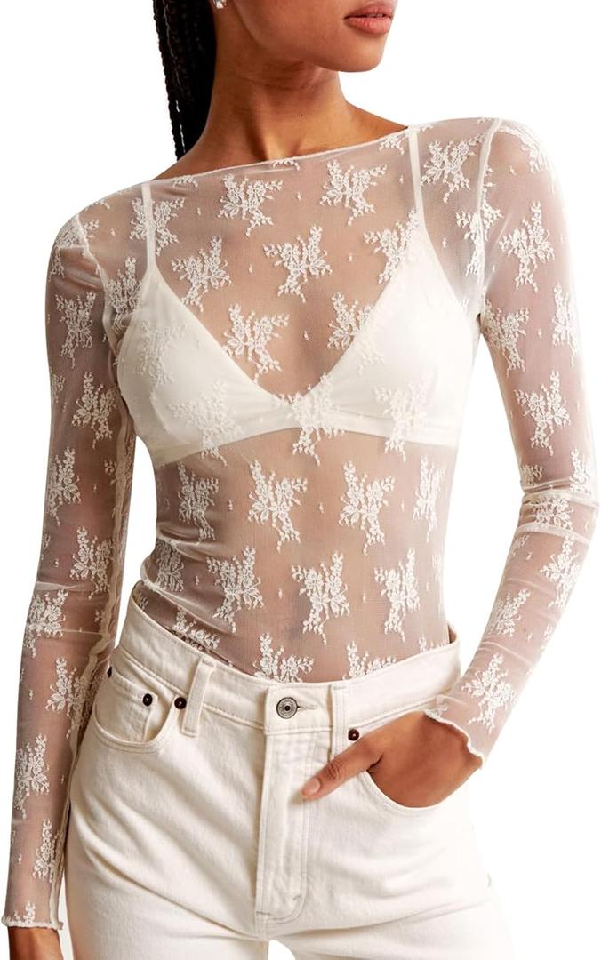 KTILG Womens Lace Long Sleeve Boat Neck Tops Sheer Blouse Sexy See Through Shirt Mesh Top (Large, White)