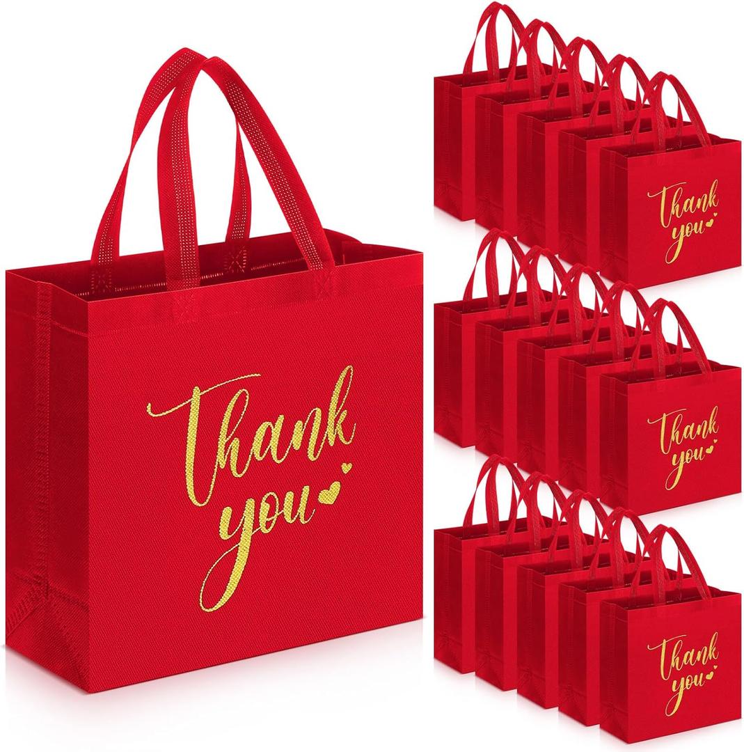 Sweetude 30 Pcs Thank You Gift Bags with Handles Bulk Reusable Goodie Bag Non Woven Foldable Handbag for Christmas Wedding Bridesmaid Gifts(11 x 12 x 5 Inch,Burgundy)