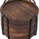 SAMHITA Mango Wood Coasters for Drinks with Iron Holder Stand Set of 5 for Drinking Glasses, Tabletop Protection for Any Table Type