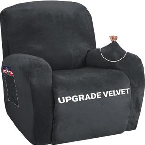 ZNSAYOTX Stretch Velvet Recliner Cover 4-Pieces, Thick Soft Recliner Chair Slipcover with Pocket, Non-Slip Elastic Bottom for Kids Pets, Luxury Plush Reclining Protector Comfy Washable (Black)