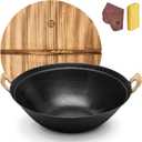 WANGYUANJI Cast Iron Wok Pan, 13.4 inch Cooking Wok Stir Fry Pan with Dual Handle and Wooden Lid, Suitable for All Cooktops, Uncoated Chinese Traditional wok