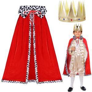 King Costume for Kids - Robe and Crown for Boys Royal Prince Outfit Dress Up Cosplay (Red)