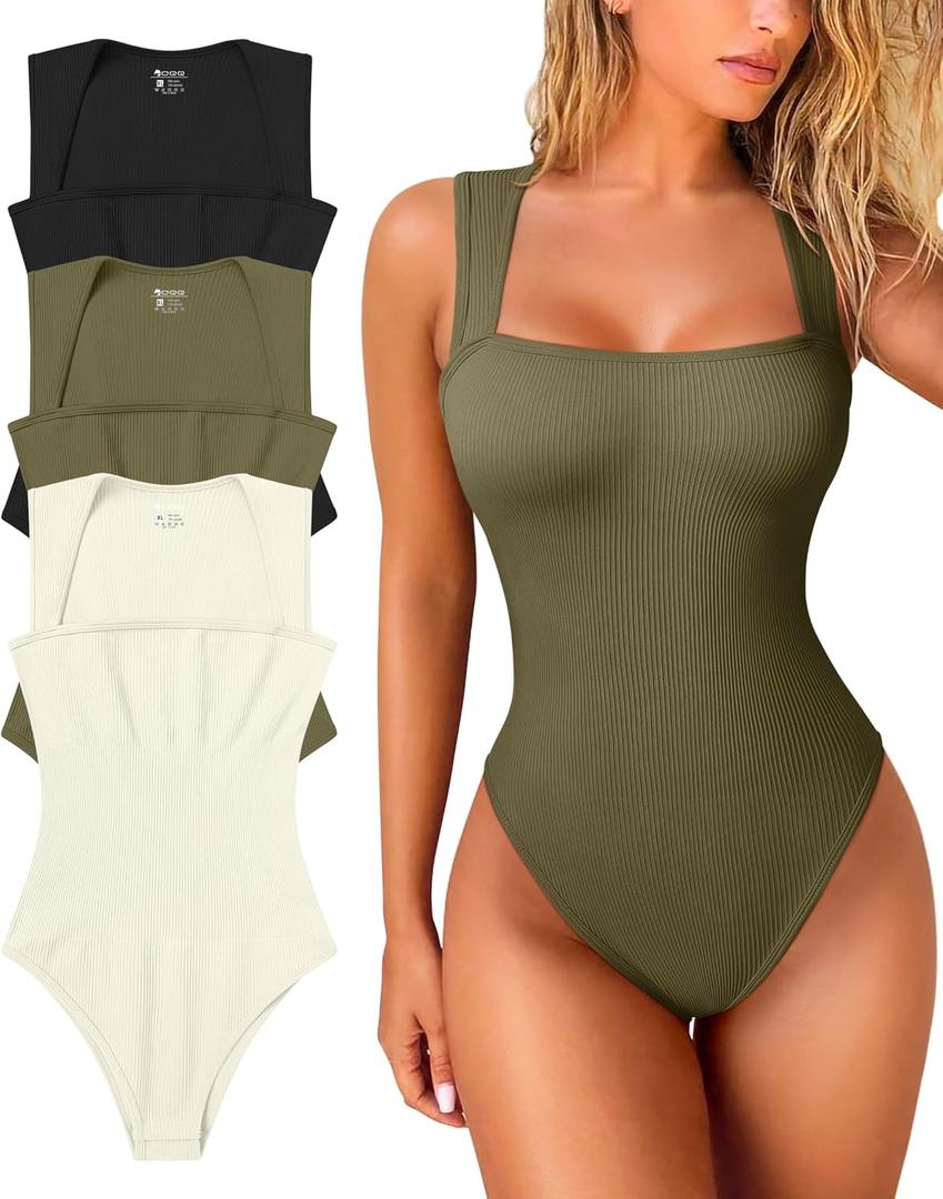 OQQ Women's 3 Piece Bodysuits Sexy Ribbed Strappy Square Neck Sleeveless Tummy Control Tank Tops Bodysuits, Medium