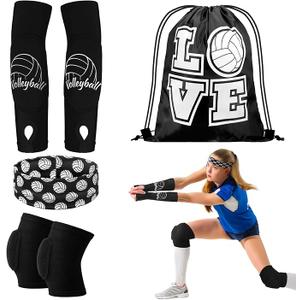 Yinder 4 Pcs Volleyball Knee Pad and Arm Sleeve Volleyball Accessories Stuff Forearm Elbow Sleeve Wrist Guard with Protection Pad and Thumb Hole for Women Men Adult