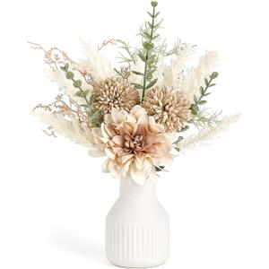 Mkono Small Artificial Flowers in Ceramic Vase 13.5" Centerpieces Coffee Table Decor, Silk Flower Arrangements for Home Decor Indoor Fake Flower Bouquet for Bathroom Dining Room Kitchen Wedding Brown (samll)