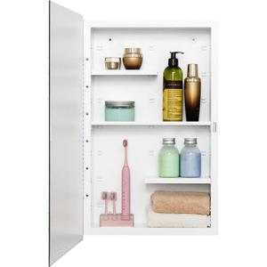 Fundin White Medicine Cabinet Recessed or Surface Mount, Bathroom Medicine Cabinet with 16 x 26 Beveled Mirror and Adjustable Staggered Shelves