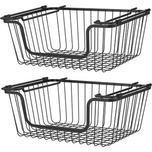 SANNO Black Stackable Wire Baskets Stacking Bins Stackable Basket for Vegetable Storage Pantry, Fridge, and Bathroom Organization, Pack of 2 