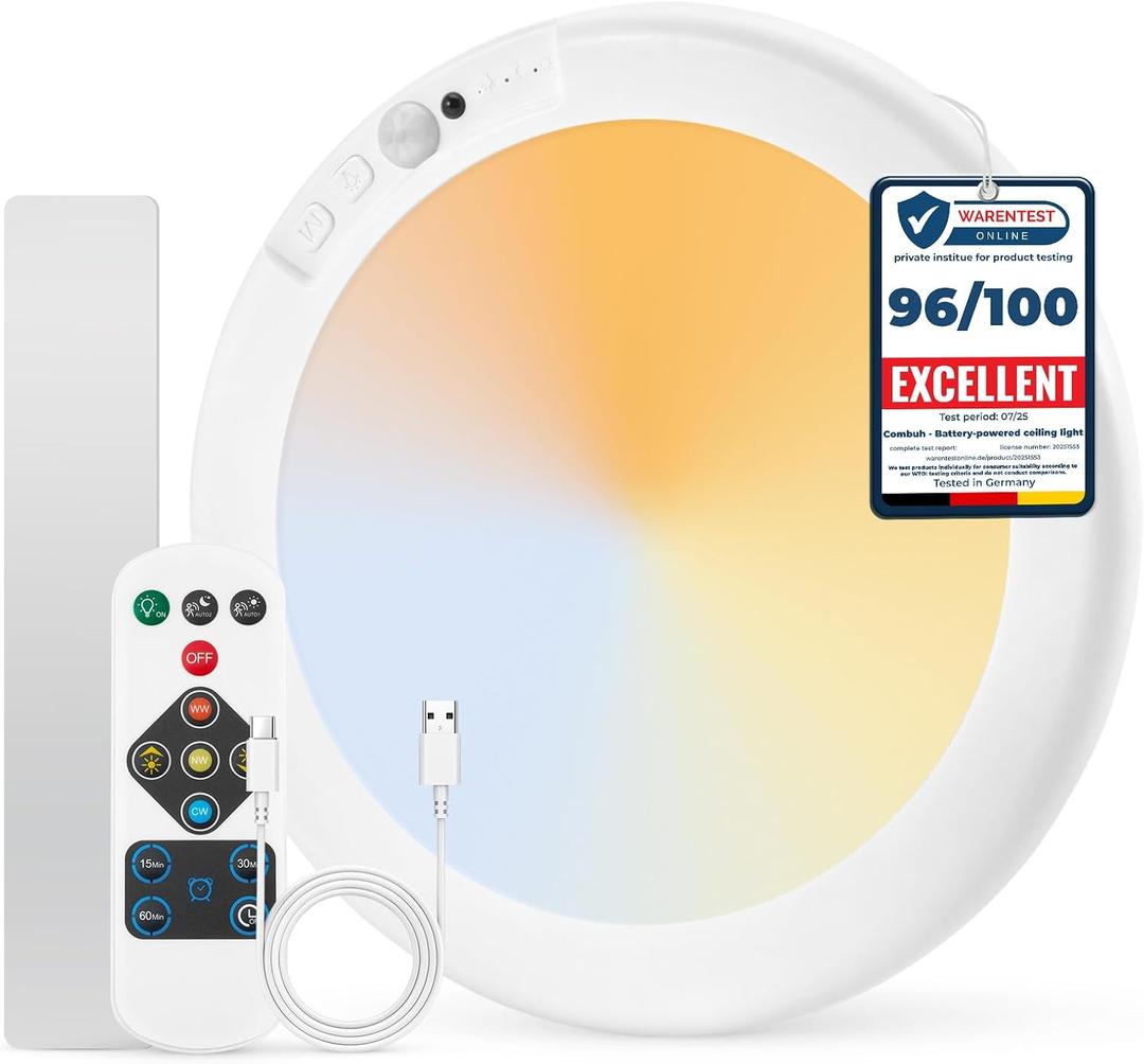 Combuh Battery Operated Shower Light Waterproof Inside, Rechargeable Motion Sensor Ceiling Lights Battery Powered with Remote, No Wiring Magnetic Cordless LED Overhead Lighting for Closet Hallway (1pack, 3CCT-Round)