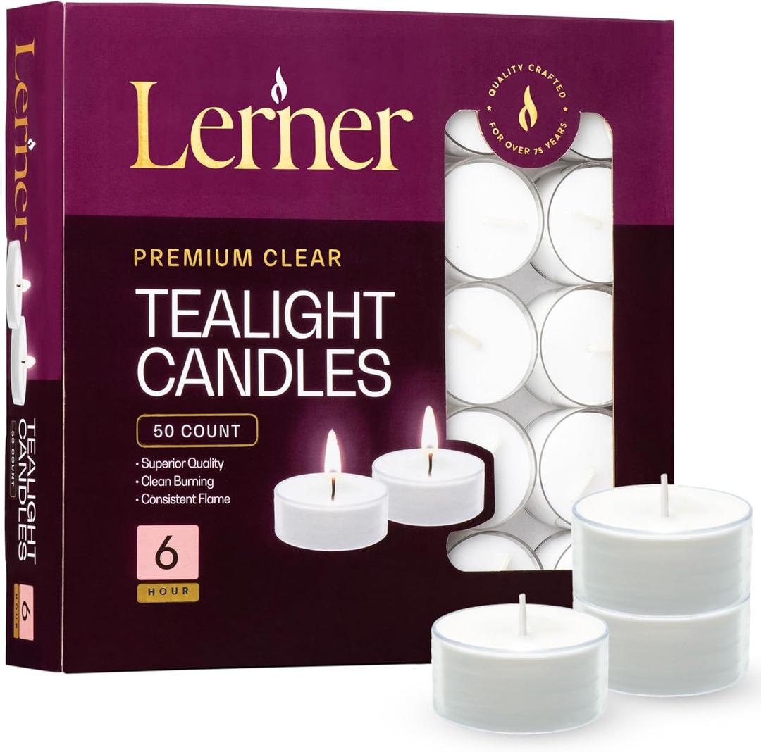 Lerner Tealight Candles in Clear Cups, 50 Count| 6 Hours Long-Burning White Tea Light Candles| Non-Toxic, Smokeless & Soot-Free Tea Light Warmer Candles | Unscented Party, Dcor, Shabbat Tea Candles