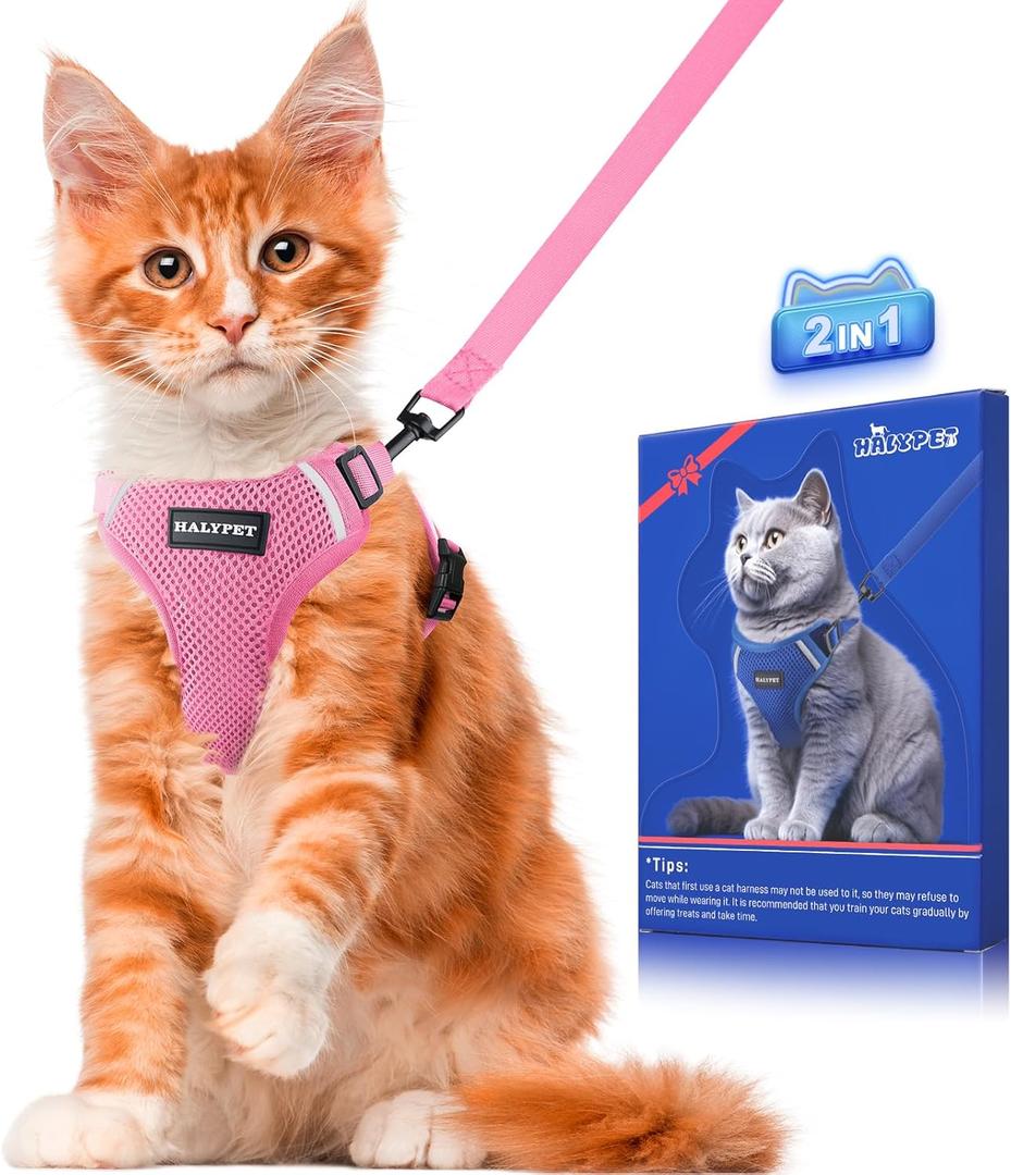 Halypet Cat Harness and Leash Set [ MAX Safety Third Generation ] Escape Proof Soft Adjustable Cat Leash Breathable Comfortable Vest Easy to Wear Kitten Harness for Outdoor Walking Pink Small (Small (7-12lb))