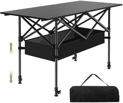 TrippleChain 4FT Folding Roll up Camping Table | Portable Picnic Desk with Carry Bag, Mesh Shelf, for Outdoor Cooking, Lawn Parties, and Travel