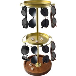 Ysenchan 360 Rotating Sunglass Organizer Gold Glasses Holder with Wooden Tray Base, Eyeglass & Sunglasses Organizer for Desk, Dresser, Tabletop, and Home Decor