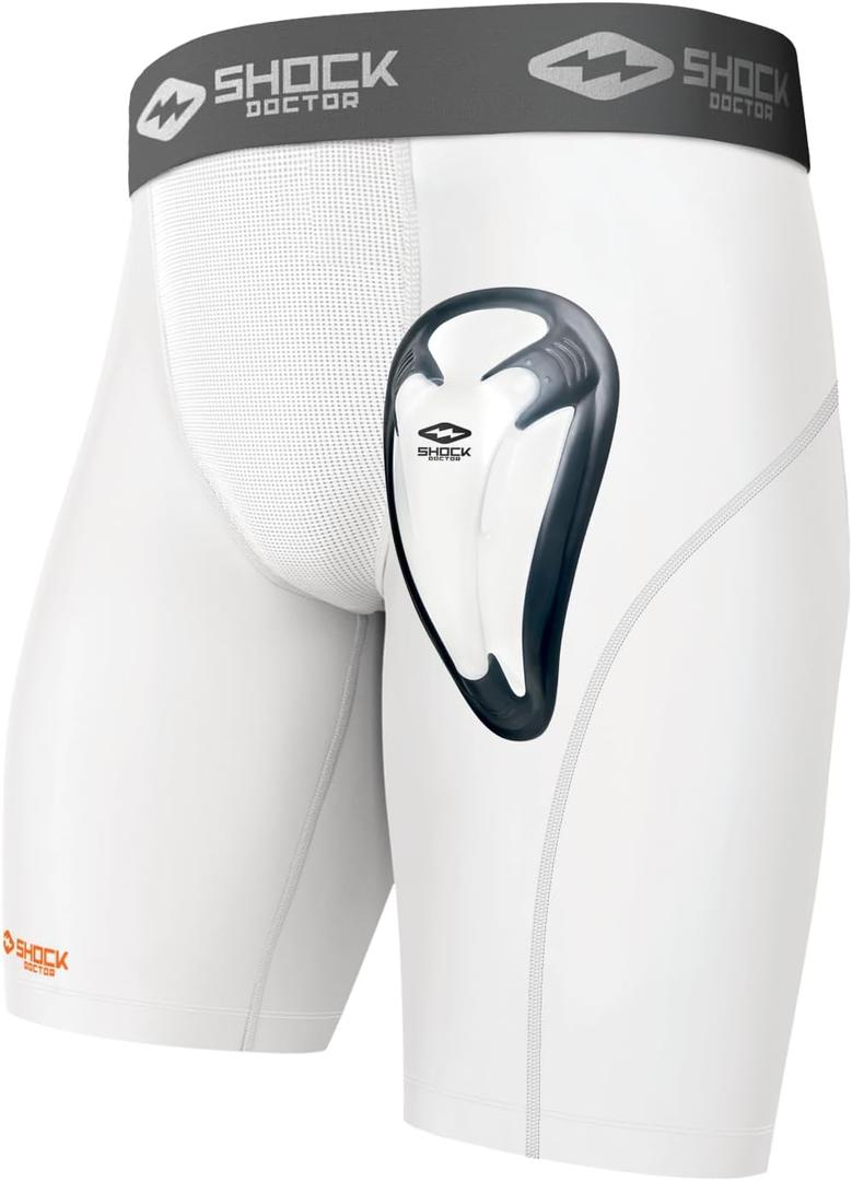 Shock Doctor Compression Shorts Men, Protective Bio-Flex Cup, Moisture-Wicking, Vented Protection. Adult Men Sizes. White, L
