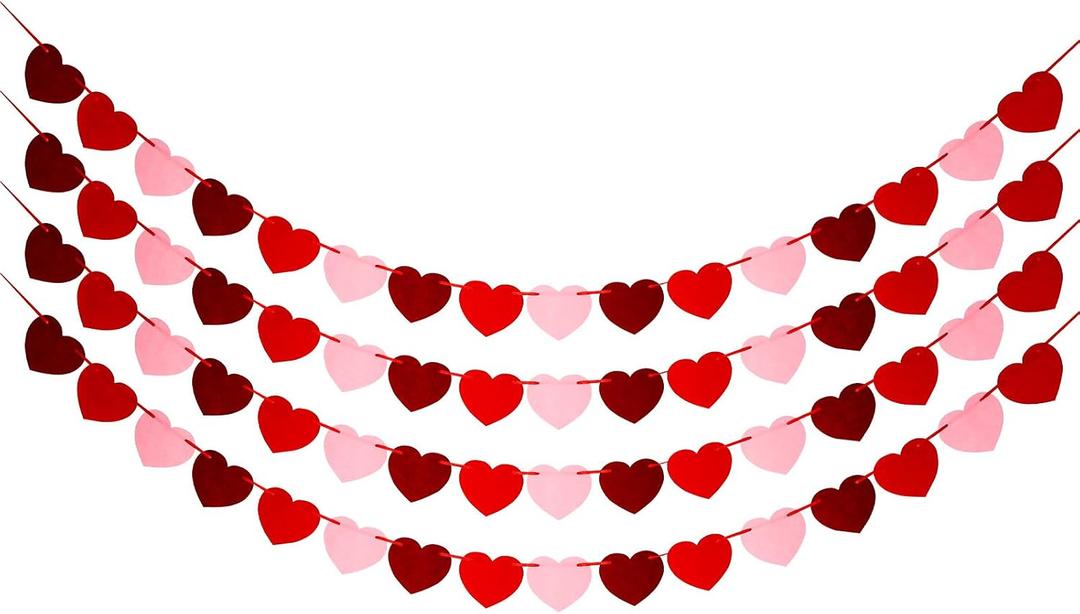 2 x Felt Burgundy Red and Pink Heart Garland- Pack of 40, Pre-Strung Valentines Banner for Wedding Decorations Anniversary Decorations