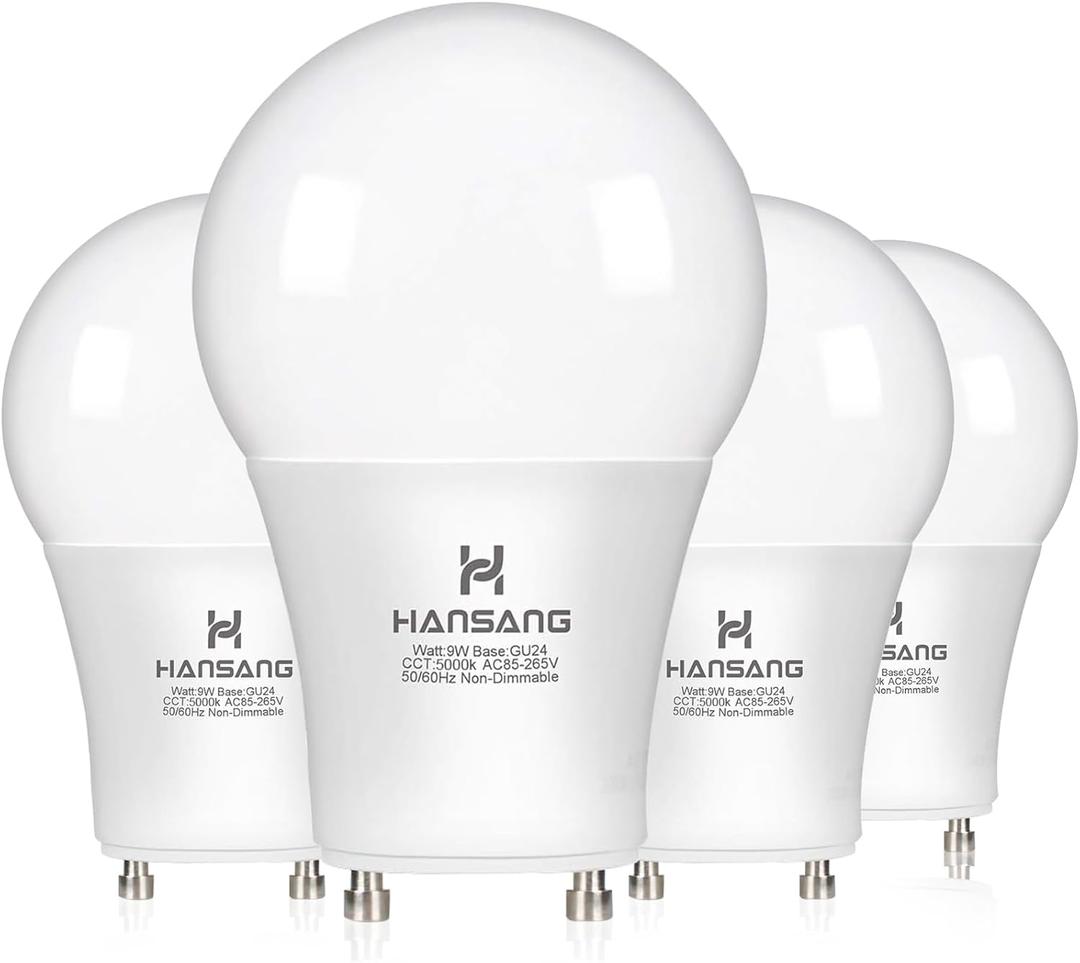 GU24 LED Light Bulb, 5000K Daylight, 60W Equivalent, 900 Lumens CRI 85+, 2 Prong GU24 Light Bulbs A19 Shape, 9W LED Twist and Lock Pin Base with Two Prongs for CFL Replacement, Non-Dimmable 4 Pack