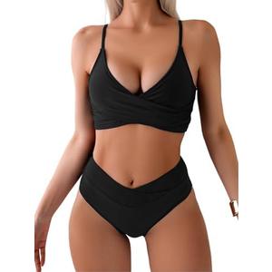 Limeeke Women's High Waisted Bikini Sets V Cut Bottom Two Piece Swimsuit Cross Front Adjustable Strap Bathing Suit, Size: M Limeeke Women's High Waisted Bikini Sets V Cut Bottom Two Piece Swimsuit Cross Front Adjustable Strap Bathing Suit, Size: M
