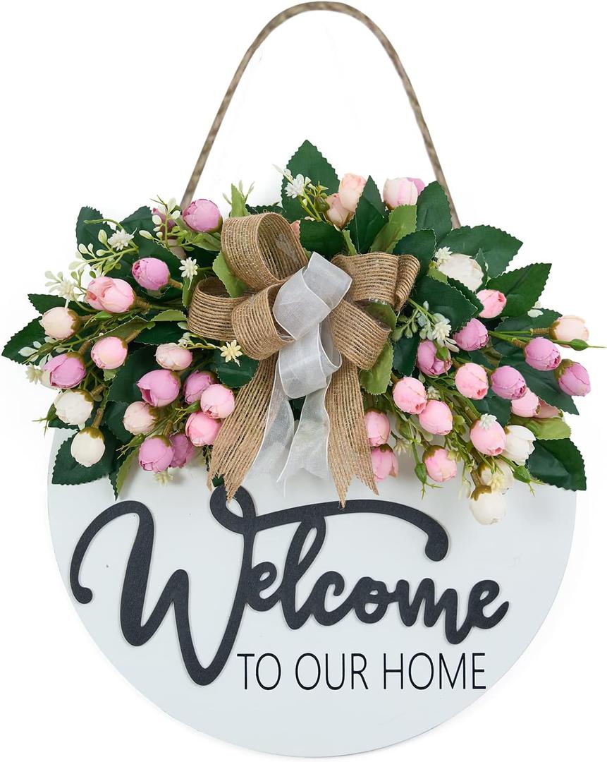Spring Summer Welcome Wreaths for Front Door, Wood Door Hanger, Floral Porch Decor, Wall Plaque, Pink Flower Wreath, Farmhouse White Welcome Sign for Front Door