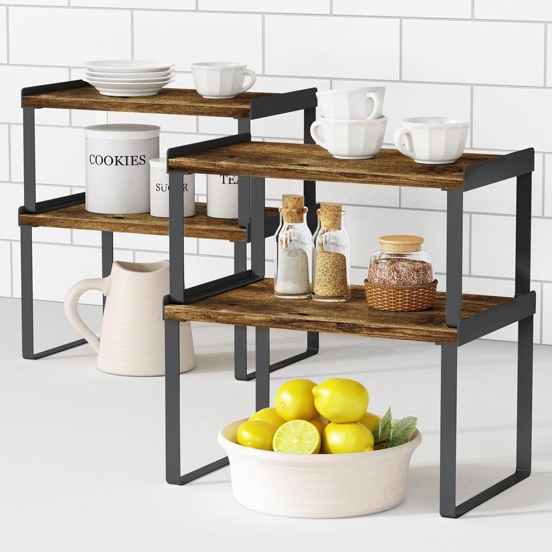 Kitchen Cabinet Organizers and Storage Shelves, Rustic Farmhouse Desk Shelf Riser for Cabinets, Black Expandable Corner Glasses Medicine Cabinet Organizer under Bathroom Sink - Set of 4 (Medium)