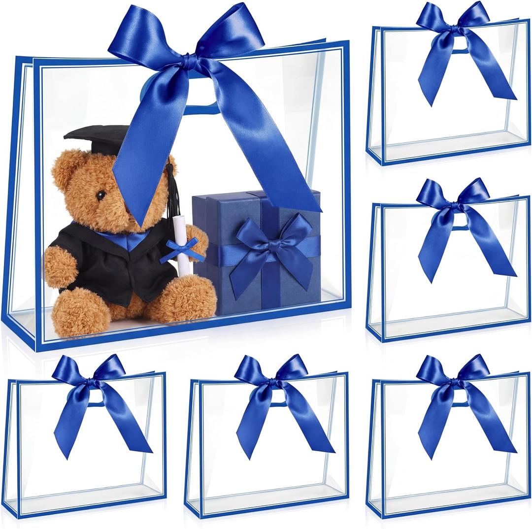 Aliceset 12 Pcs Clear Plastic Gift Bags with Die Cut Handles Reusable Party Favor Bags with Ribbon for Mother's Day Wedding Graduation Bridal Shower Baby Shower, 12 x 10 x 5''(Royal Blue)