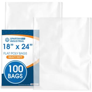 18" X 24" Open-End Flat Poly Bags (100 Count) - 2 Mil Plastic Clear Bags for Packaging, Shipping, Storage - No Adhesive Strip - Spartan Industrial