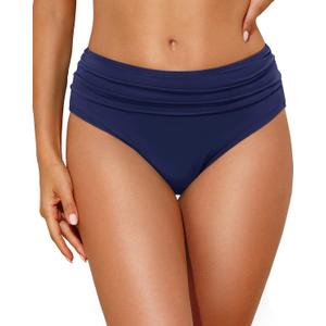 Tempt Me Women Mid Rise Bikini Bottoms Full Coverage Swimsuit Ruched Scrunch Swim Bottom (Navy Blue, Medium)