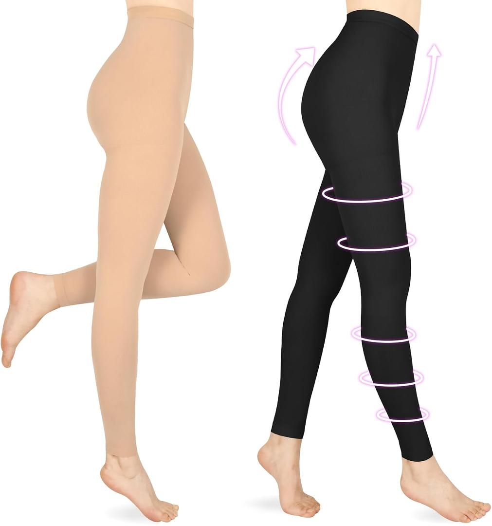 Wegitcs Compression Pantyhose for Women & Men, 2 Pairs Footless 20-30mmHg Medical Graduated Compression Leggings, Waist High Support Tights, Opaque Stockings for Varicose Veins Edema, Beige&Black L