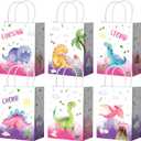 Zhanmai 24 Pcs Pink Dinosaur Party Favors Bags with Handles Purple Dinosaur Gifts Candy Treat Goodie Paper Bags for Gifts Wrapping Dino Birthday Party Supplies Decorations