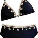 OYOANGLE Girl's Two Piece Braided Shell Trim Bikini Sets Halter Triangle Top High Waist Hipster Swimsuits (Black)