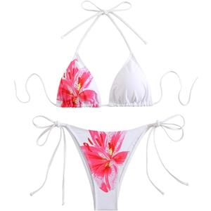 SEGT Women's 2 Piece Floral Print Halter Neck Tie Bikini Set Triangle String Thong Swimsuit Summer Bathing Suits for Women, Size S (White Red)