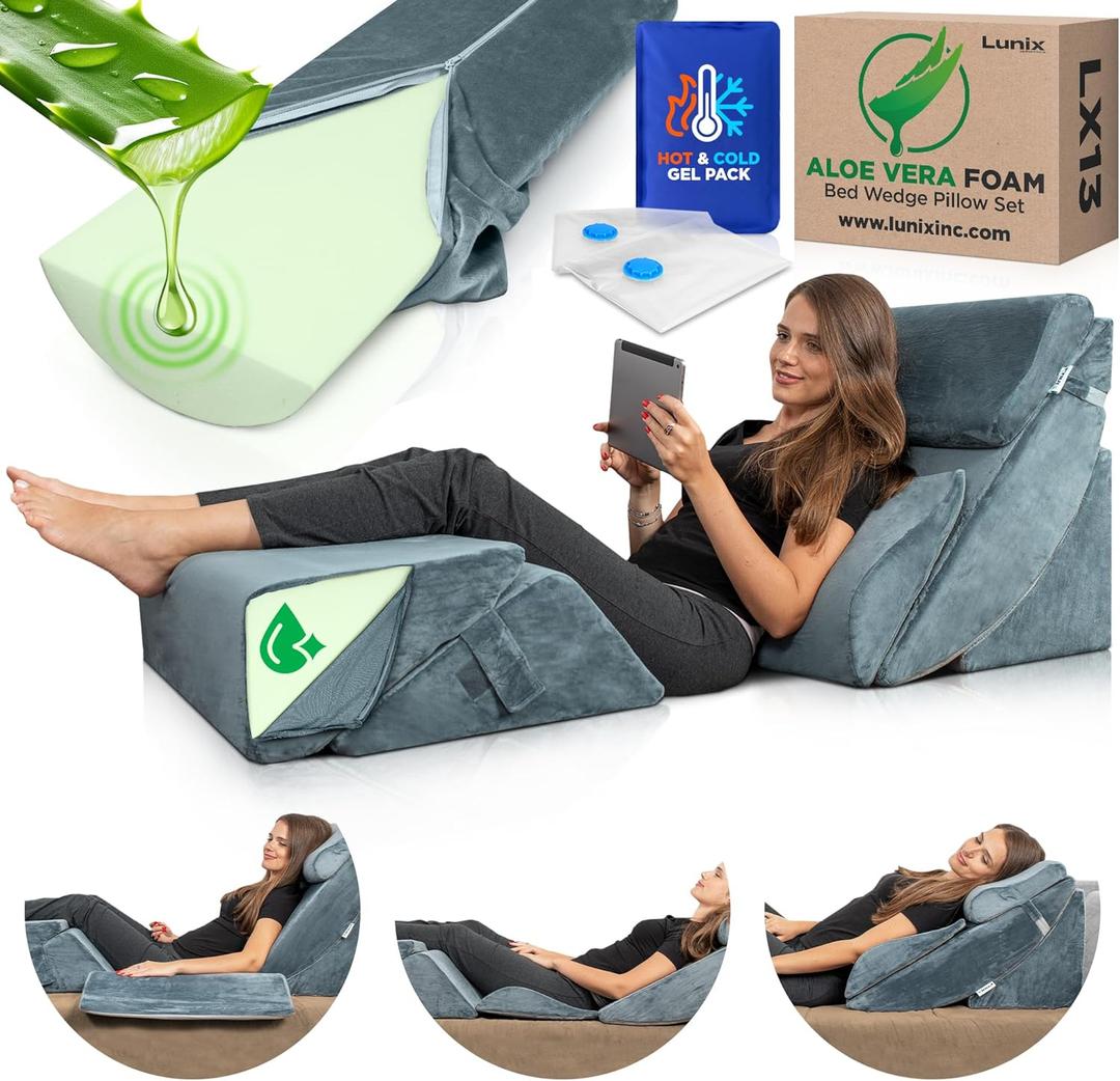 Lunix 6pcs Orthopedic Bed Wedge Pillow Set, Post Surgery Aloe Vera Memory Foam for Back, Neck, Leg Pain Relief, Adjustable Sitting Pillow for Sleeping, Acid Reflux and GERD, with Hot Cold Pack, Navy