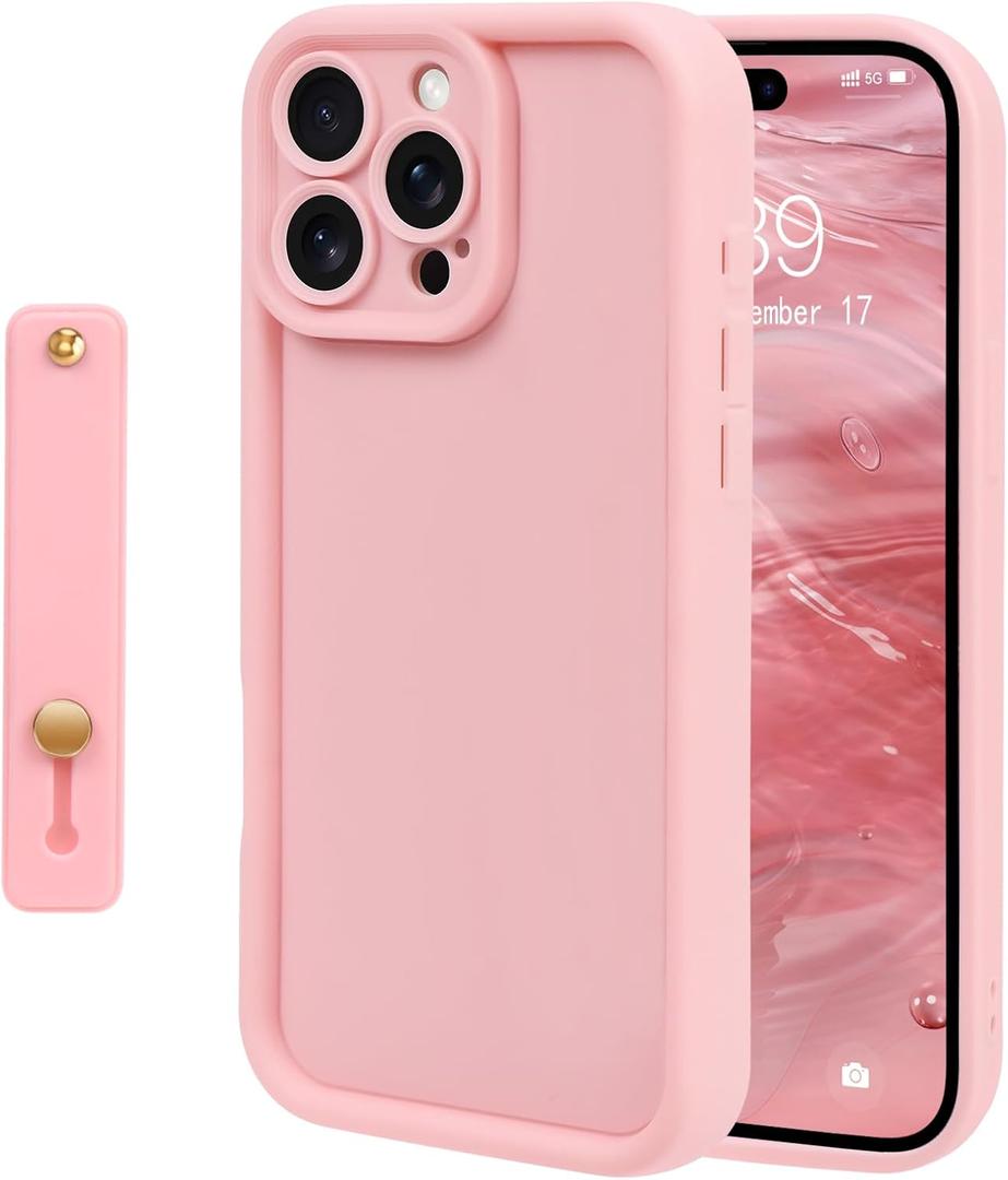NITITOP Compatible with iPhone 16 Pro Case Cute Simple Design Stylish Enhanced Camera Protection with Wrist Adjustable Hand Strap Kickstand Grip Holder Touch Soft Protective Cover - Pink