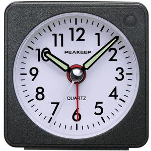 Peakeep Ultra Small, Battery Travel Alarm Clock with Snooze and Light, Silent with No Ticking Analog Quartz (Black)