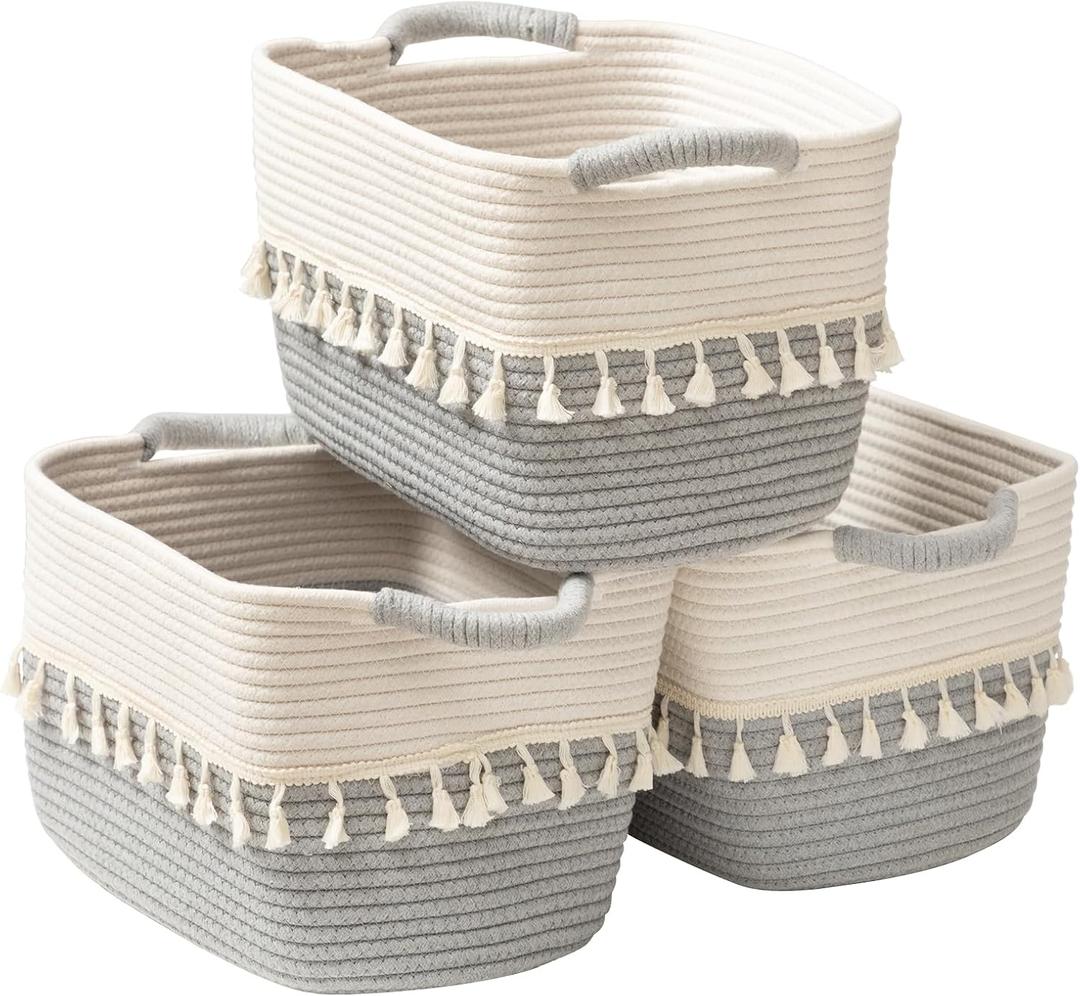 TeoKJ Storage Basket 3 Pack for Organizing, Cotton Rope Baskets for Toy, Clothes, Blankets, Decorative Basket for Living Room, Nursery, Bathroom, White & Gray (white+ Dark Grey)