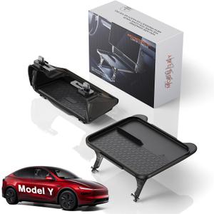 For Tesla Model Y Juniper (2019~2026)& Model 3 Highland (2017~2025) Console Organizer - [2-in-1 Car Food Tray& Behind Screen Organizer] + Under Screen Storage Box Hidden Design - with Anti-Slip Mat