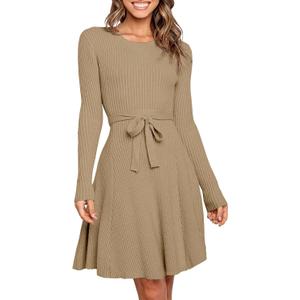 ANRABESS Womens Long Sleeve Sweater Dress Crew Neck Slim Fit Slit Tie Waist 2025 Ribbed Knit Bodycon Midi Dress Fall Outfits, Small