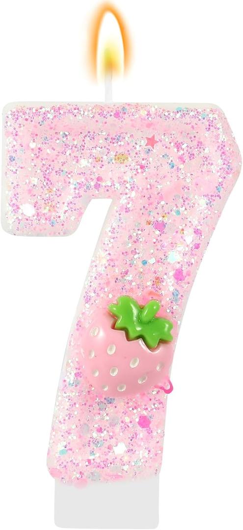 2 x Pink Number Candles Strawberry Birthday Candle 7th Birthday Cake Topper Cupcake Decorations for Girls and Women Strawberry Party Decor Anniversary Celebrations Supplies Favors
