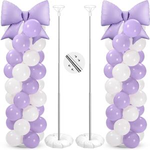 2 Sets Purple White Bow Balloon Column Stand Kit Includes 2 Bows & 100 Latex Balloons Adjustable Stands for Princess Birthday Wedding Coquette Baby Shower Party Decoration