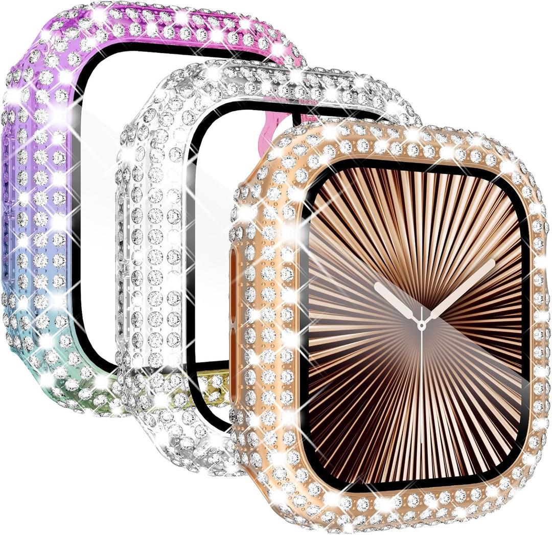 KADES 3-Pack Bling Cases Compatible with Apple Watch Series 11 10 46mm Full Diamond with Built-in Screen Protector for Apple Watch (46mm, Rose Gold/Iridescent/Clear)