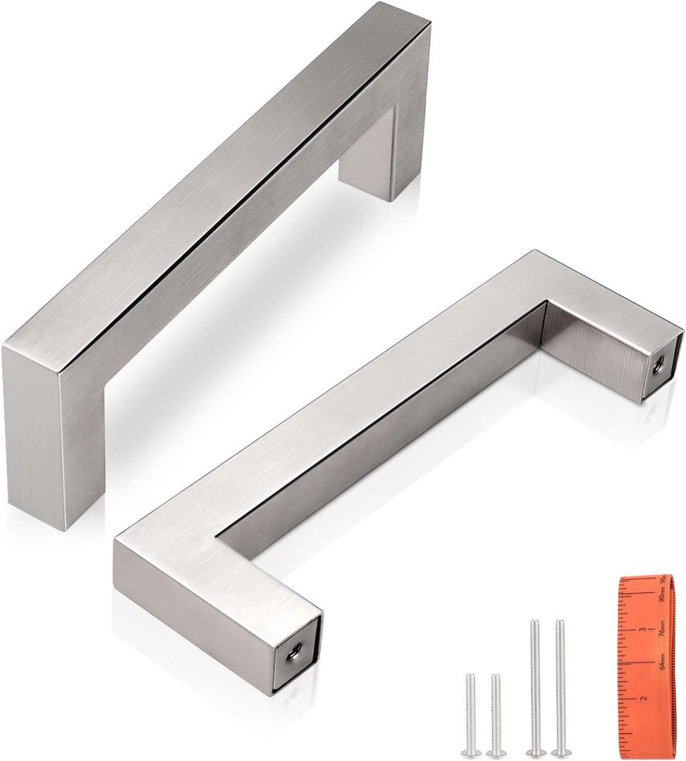 KNOBWELL 6 Pack 3-1/2" Square Kitchen Cabinet Pulls Brushed Nickel, Dresser Drawer Pulls for Bathroom Cabinet Vanity Nightst Chest, 4" Overall Length