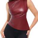 Popilush Leather Bodysuit for Women Going Out Tops Body Shaper Tummy Control Shapewear Mock Neck Tops Leather Corset, Red,  XL