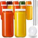 12 PACK, 16 OZ Glass Juice Bottles with Airtight Lids, Bonus 2 Straws & Perforated Lids, Reusable Juicer, Juicing Bottles - Clear Drinking Jars Cups, Water Bottle, Travel Juice Container, White Caps