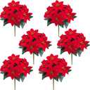 MARTINE MALL 6 Packs Poinsettia Flowers Artificial, 7 HeadsPoinsettia Christmas Decoration, Velvet Poinsettia Bouquet Christmas Flowers Poinsettia Bush for Christmas Xmas Tree Porch Home Decoration