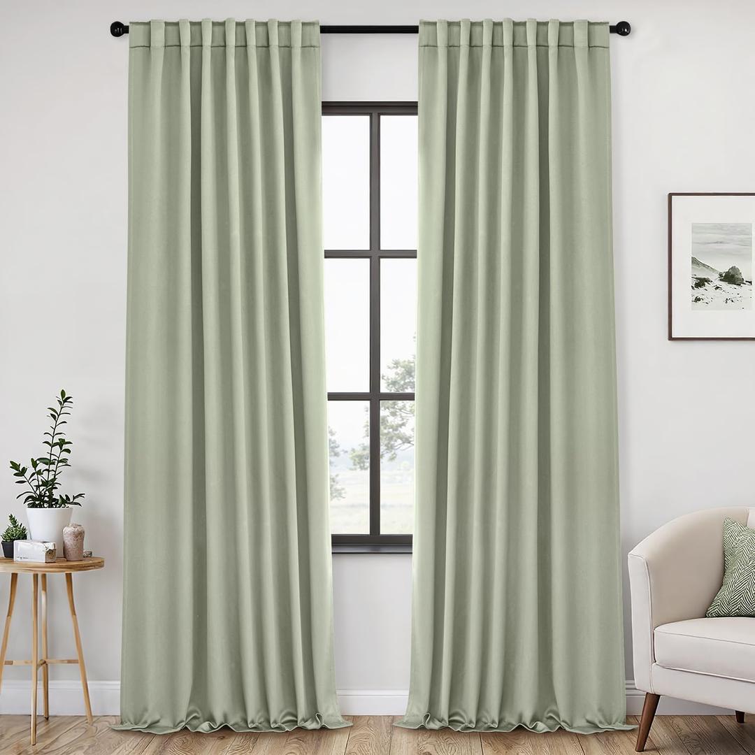 ANRODUO Rod Pocket and Back Tab Pleated Blackout Curtains with Hooks, Rings, Sage Green Curtains 102 Inches Long 2 Panels, Thermal Insulated Room Darkening Living Room Bedroom Curtain, 52"W x 102"L (Pack of 2), Sage Green