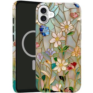 Case Compatible with iPhone 16,Compatible with MagSafe,Glossy Fall Prevention Hybrid 2-Layer Hard Shell Cases for Girls Boys,Stained Glass Bloom Flower