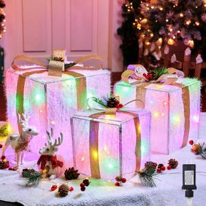 Set of 3 Christmas Decorations Lighted Gift Boxes with Bows12" 10" 8" with 60 Pre-Lit Mini String LightsFoldable LED Xmas Present Boxes for Tree Indoor Outdoor Holiday Party Yard Home Decor