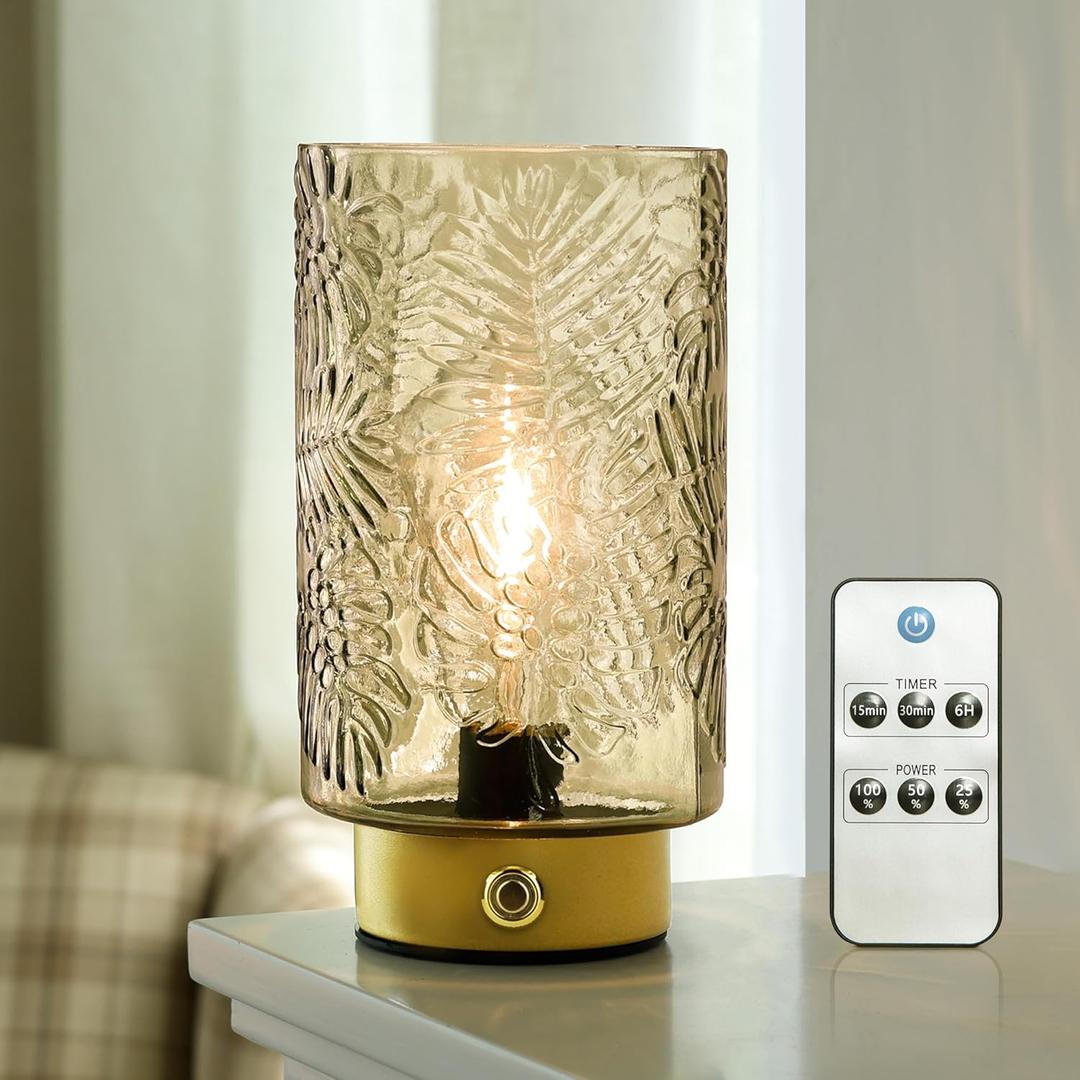 Cordless Lamps Rechargeable Battery Operated lamp,Glass Table Lamp Remote Control-Dimmable Brightness Touch Wireless Bedside Lamp for New Home Gift/Bedroom/Kitchen/Living Room Decor Amber (Yellow)